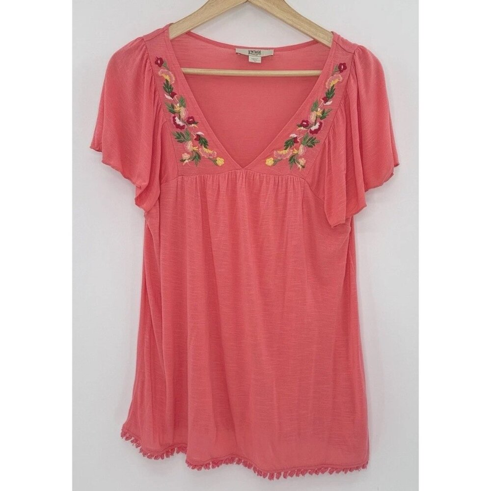 Vintage‎ America Bright Coral Embroidered Shirt  Sz M Boho Flutter Slv Festival
